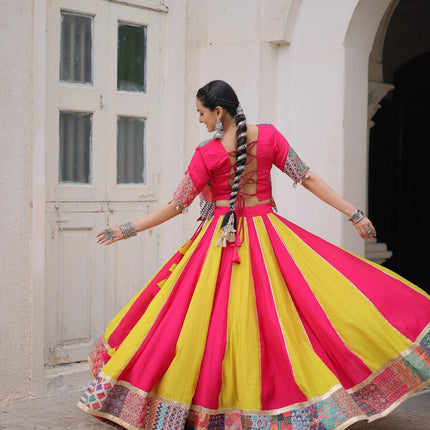 Prazu Fashion Pink Roman With Attractive Maslin Crochet Print Lehenga For Navratri