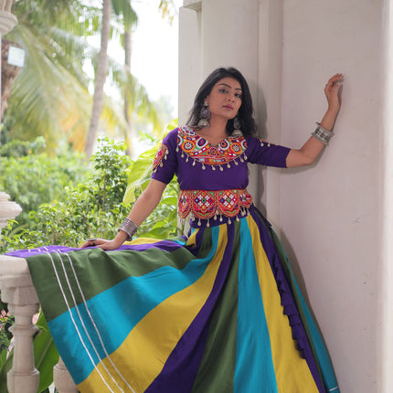 Lorenvalley Fashion Multicolor Roman Silk with Attractive Colour Combination Roman Fabric Gota Lace work Lehenga Choli