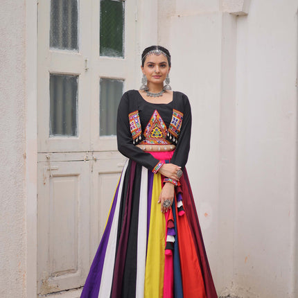 Lorenvalley Fashion Multicolor Roman Silk with Attractive Colour Combination Roman Fabrics Lace work Lehenga Choli