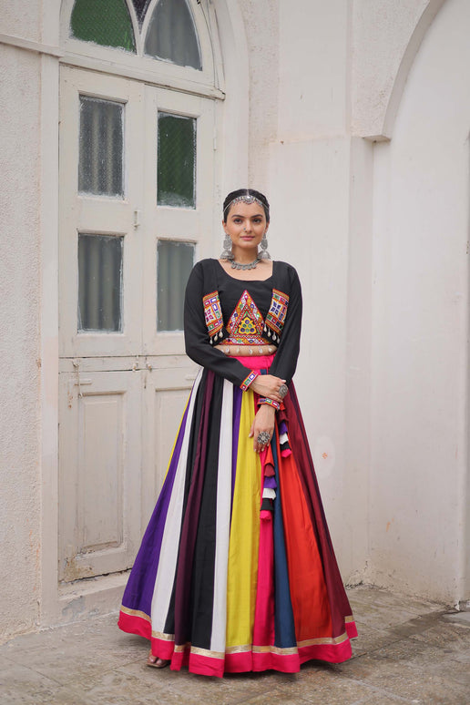 Lorenvalley Fashion Multicolor Roman Silk with Attractive Colour Combination Roman Fabrics Lace work Lehenga Choli