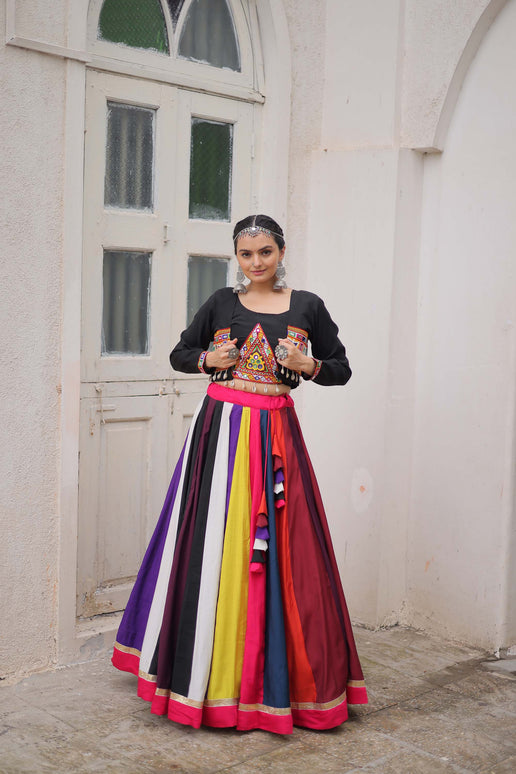 Lorenvalley Fashion Multicolor Roman Silk with Attractive Colour Combination Roman Fabrics Lace work Lehenga Choli