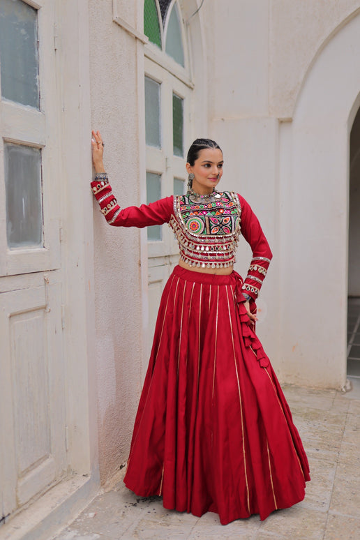 Prazu Fashion Maroon Roman Kutchi Gamthi Embroidered Work Lehenga For Navratri