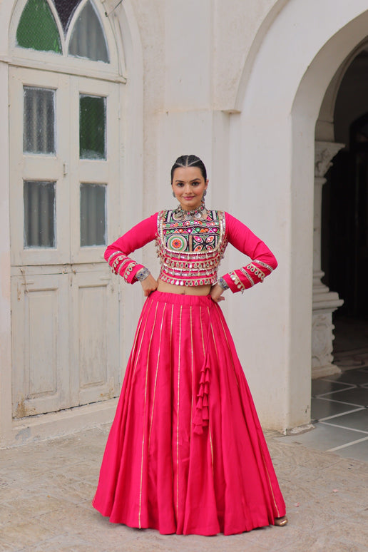 Prazu Fashion Pink Roman Kutchi Gamthi Embroidered Work Lehenga For Navratri