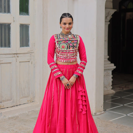 Prazu Fashion Pink Roman Kutchi Gamthi Embroidered Work Lehenga For Navratri