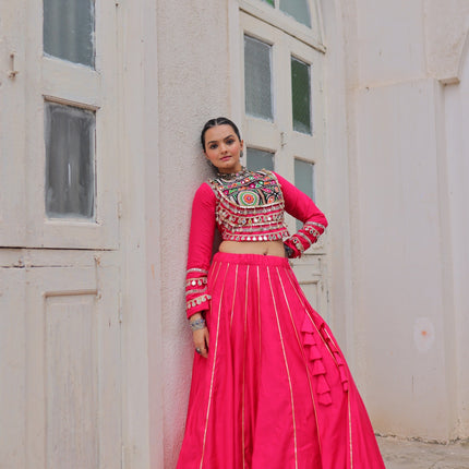 Prazu Fashion Pink Roman Kutchi Gamthi Embroidered Work Lehenga For Navratri