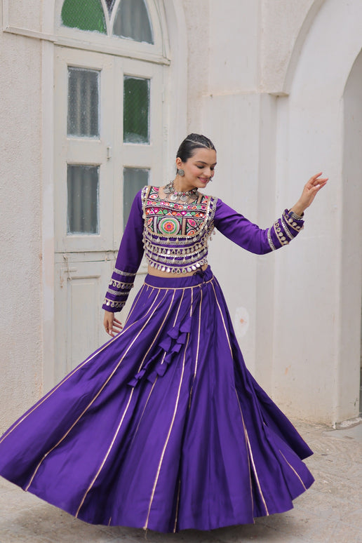 Prazu Fashion Purple Roman Kutchi Gamthi Embroidered Work Lehenga For Navratri
