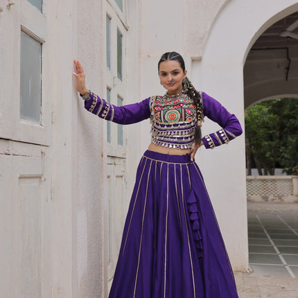 Prazu Fashion Purple Roman Kutchi Gamthi Embroidered Work Lehenga For Navratri