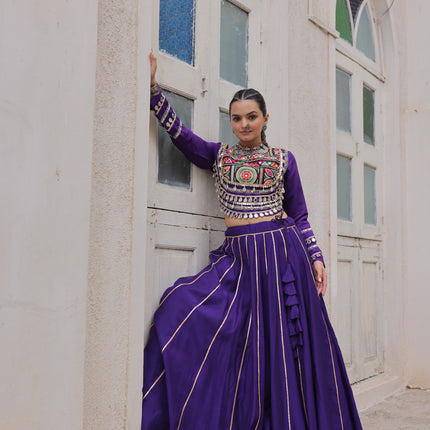 Prazu Fashion Purple Roman Kutchi Gamthi Embroidered Work Lehenga For Navratri