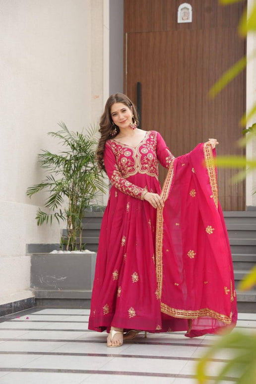 Prazu Fashion Pink Georgette Sequins & Zari Embroidery Gown