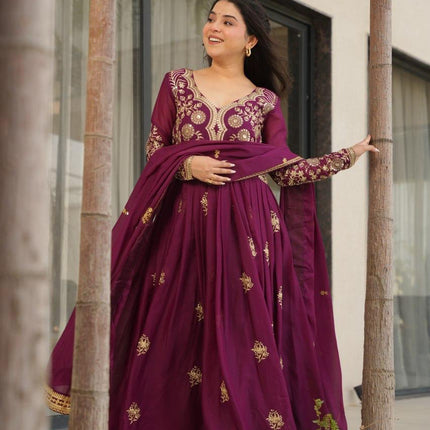 Prazu Fashion Wine Georgette Sequins & Zari Embroidery Gown