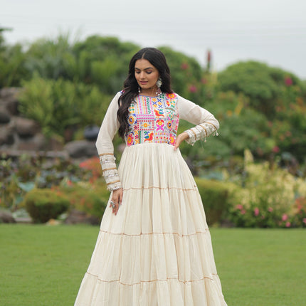 Lorenvalley Fashion Offwhite Kora Cotton with Multi Thread Embroidered & Gota patti Work Gown