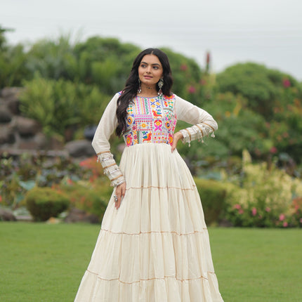 Lorenvalley Fashion Offwhite Kora Cotton with Multi Thread Embroidered & Gota patti Work Gown