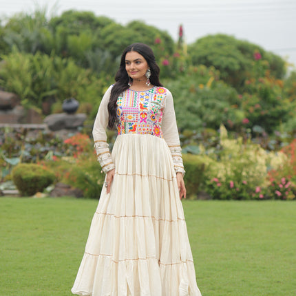 Lorenvalley Fashion Offwhite Kora Cotton with Multi Thread Embroidered & Gota patti Work Gown