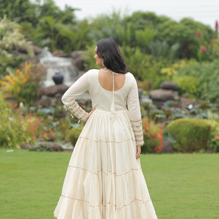 Lorenvalley Fashion Offwhite Kora Cotton with Multi Thread Embroidered & Gota patti Work Gown