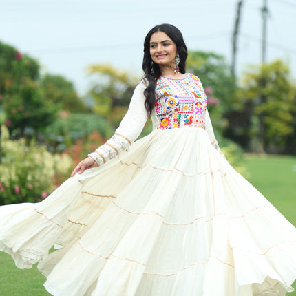 Lorenvalley Fashion Offwhite Kora Cotton with Multi Thread Embroidered & Gota patti Work Gown