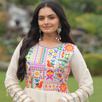 Lorenvalley Fashion Offwhite Kora Cotton with Multi Thread Embroidered & Gota patti Work Gown