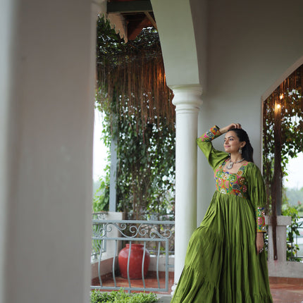 Lorenvalley Fashion Parotgreen Rayon with Kutchi Gamthi Work Gown