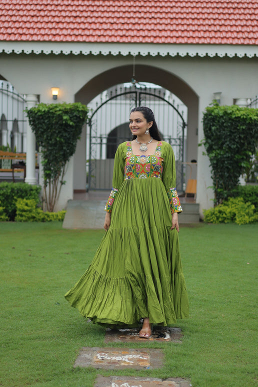 Lorenvalley Fashion Parotgreen Rayon with Kutchi Gamthi Work Gown