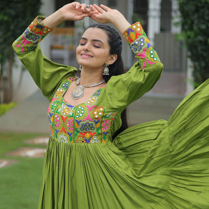 Lorenvalley Fashion Parotgreen Rayon with Kutchi Gamthi Work Gown