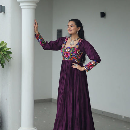 Lorenvalley Fashion Wine Rayon with Kutchi Gamthi Work Gown