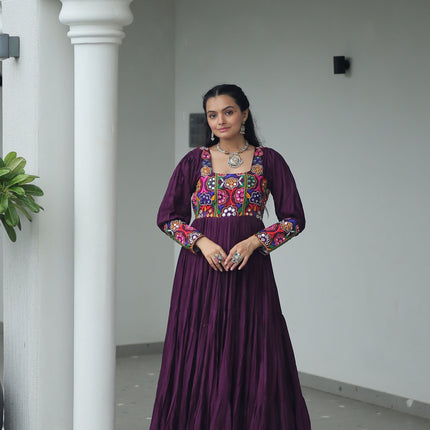 Lorenvalley Fashion Wine Rayon with Kutchi Gamthi Work Gown