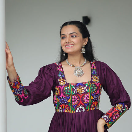 Lorenvalley Fashion Wine Rayon with Kutchi Gamthi Work Gown