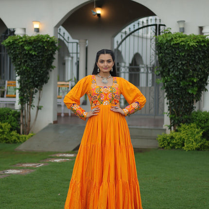 Lorenvalley Fashion Orange Rayon with Kutchi Gamthi Work Gown