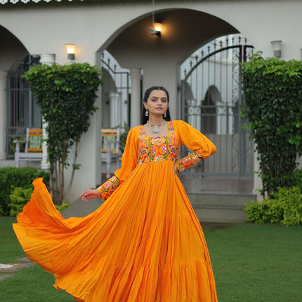 Lorenvalley Fashion Orange Rayon with Kutchi Gamthi Work Gown