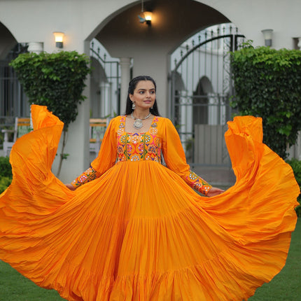 Lorenvalley Fashion Orange Rayon with Kutchi Gamthi Work Gown