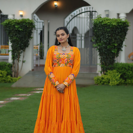 Lorenvalley Fashion Orange Rayon with Kutchi Gamthi Work Gown