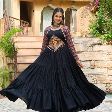Lorenvalley Fashion Black Rayon Kutchi Gamthi Embroidered Work & Cotton Print Work Gown