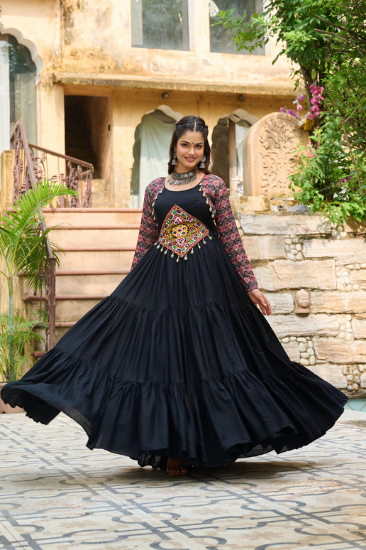 Lorenvalley Fashion Black Rayon Kutchi Gamthi Embroidered Work & Cotton Print Work Gown