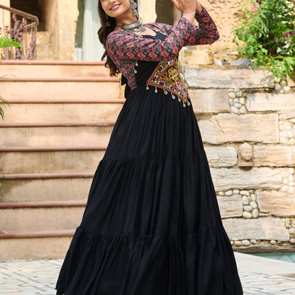 Lorenvalley Fashion Black Rayon Kutchi Gamthi Embroidered Work & Cotton Print Work Gown