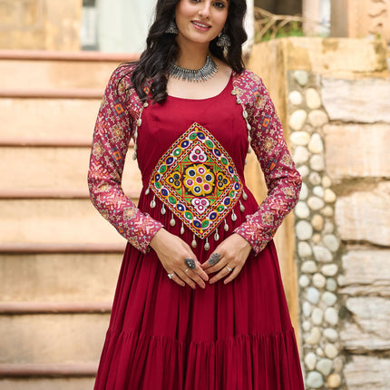 Lorenvalley Fashion Maroon Rayon Kutchi Gamthi Embroidered Work & Cotton Print Work Gown