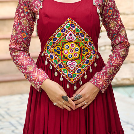 Lorenvalley Fashion Maroon Rayon Kutchi Gamthi Embroidered Work & Cotton Print Work Gown