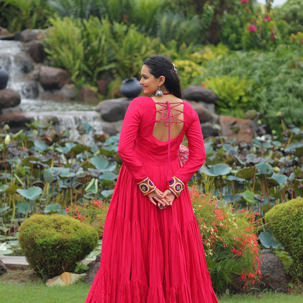 Prazu Fashion Rani Pink Rayon With Kutchi Gamthi & Cotton Print Work Gown For Navratri