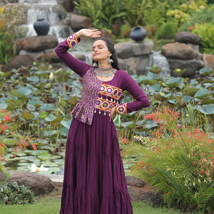 Prazu Fashion Wine Rayon With Kutchi Gamthi & Cotton Print Work Gown For Navratri