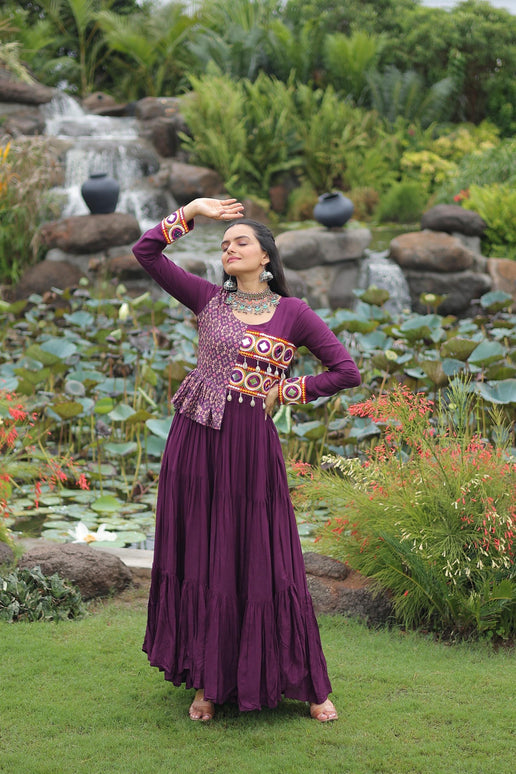 Prazu Fashion Wine Rayon With Kutchi Gamthi & Cotton Print Work Gown For Navratri