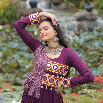 Prazu Fashion Wine Rayon With Kutchi Gamthi & Cotton Print Work Gown For Navratri