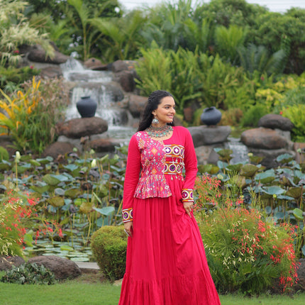 Lorenvalley Fashion Pink Rayon Kutchi Gamthi Embroidered Work & Cotton Print Work Gown