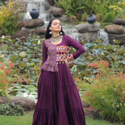 Lorenvalley Fashion Wine Rayon Kutchi Gamthi Embroidered Work & Cotton Print Work Gown