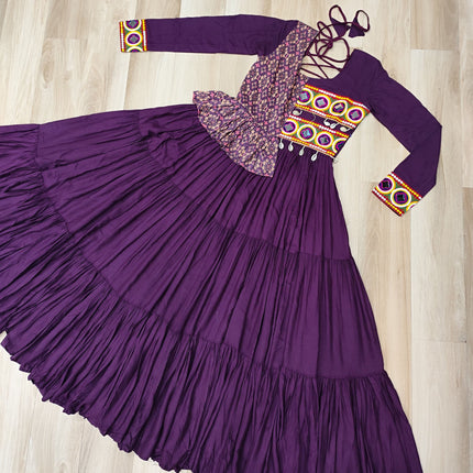 Lorenvalley Fashion Wine Rayon Kutchi Gamthi Embroidered Work & Cotton Print Work Gown