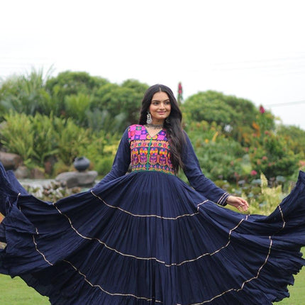 Prazu Fashion Blue Rayon Kutchi Gamthi Embroidered & Mirror Hand Work Navratri Gown