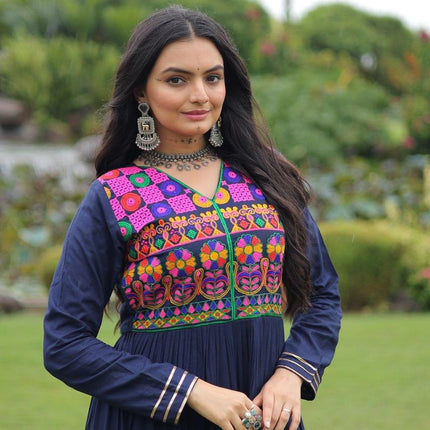 Prazu Fashion Blue Rayon Kutchi Gamthi Embroidered & Mirror Hand Work Navratri Gown