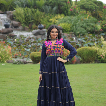 Lorenvalley Fashion Navyblue Rayon Kutchi Gamthi Embroidered & Mirror hand Work Gown