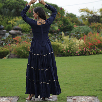 Lorenvalley Fashion Navyblue Rayon Kutchi Gamthi Embroidered & Mirror hand Work Gown