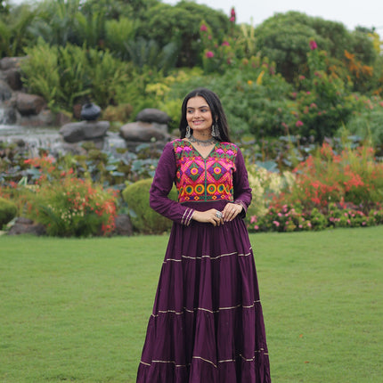 Lorenvalley Fashion Wine Rayon Kutchi Gamthi Embroidered & Mirror hand Work Gown