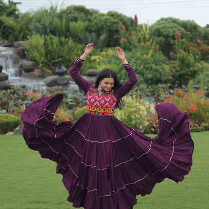 Lorenvalley Fashion Wine Rayon Kutchi Gamthi Embroidered & Mirror hand Work Gown