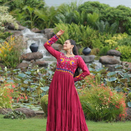 Lorenvalley Fashion Maroon Rayon Kutchi Gamthi Work Gown