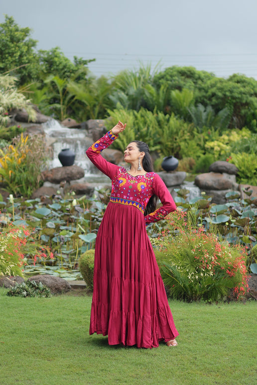 Lorenvalley Fashion Maroon Rayon Kutchi Gamthi Work Gown